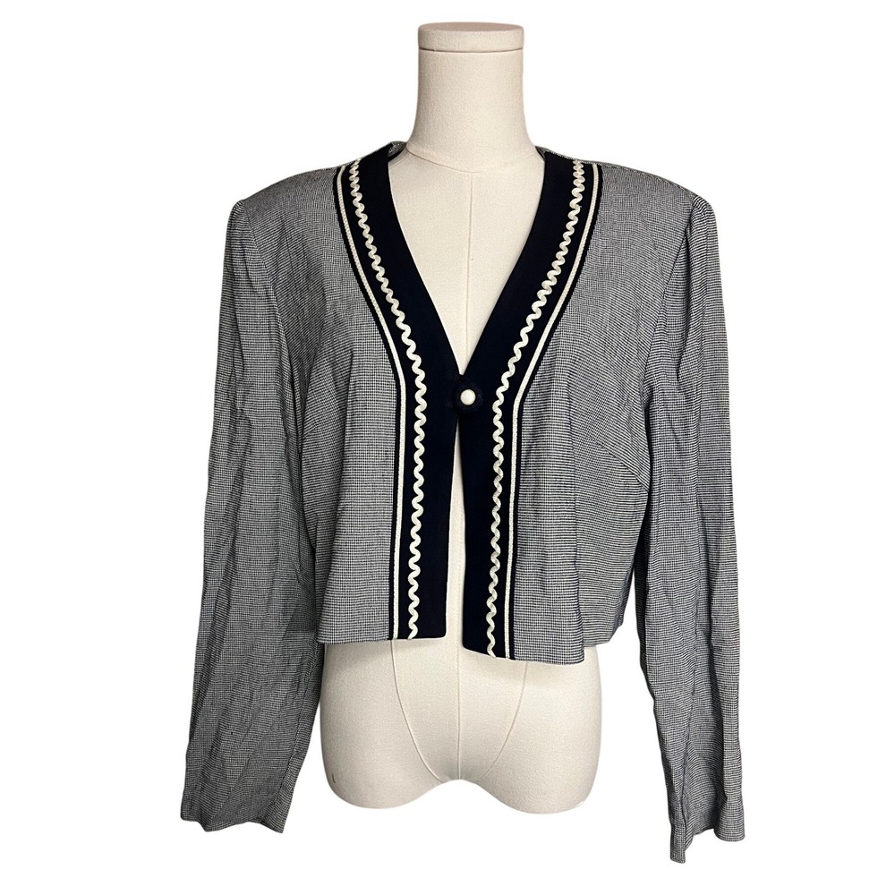 Vintage Houndstooth Open Front Cropped Jacket Rickrack Pearl 90s Dark Academia